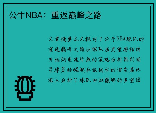 公牛NBA：重返巅峰之路